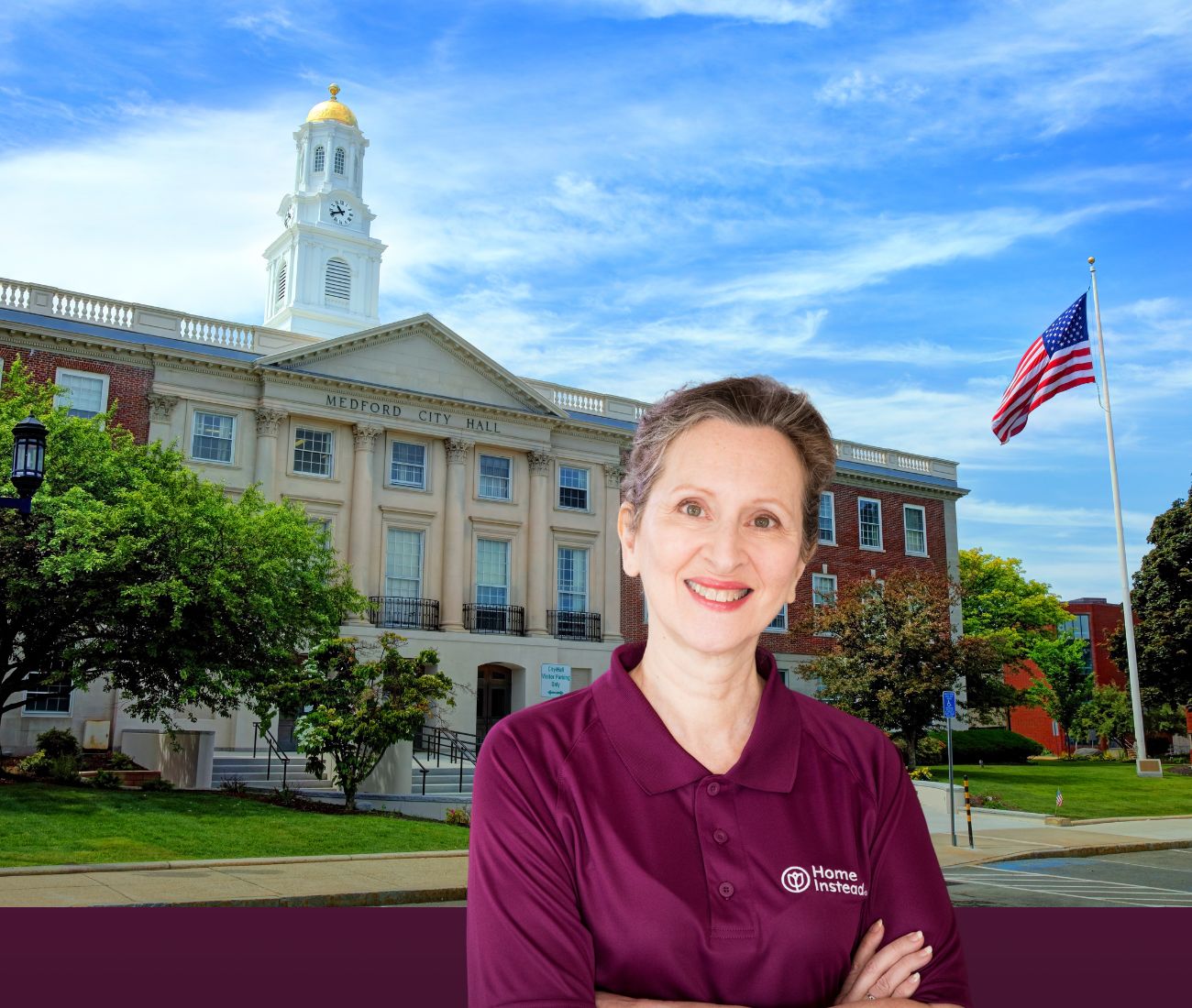 Home Instead caregiver with Medford, Massachusetts in the background