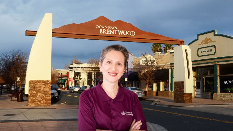 Home Instead caregiver with Brentwood California in the background