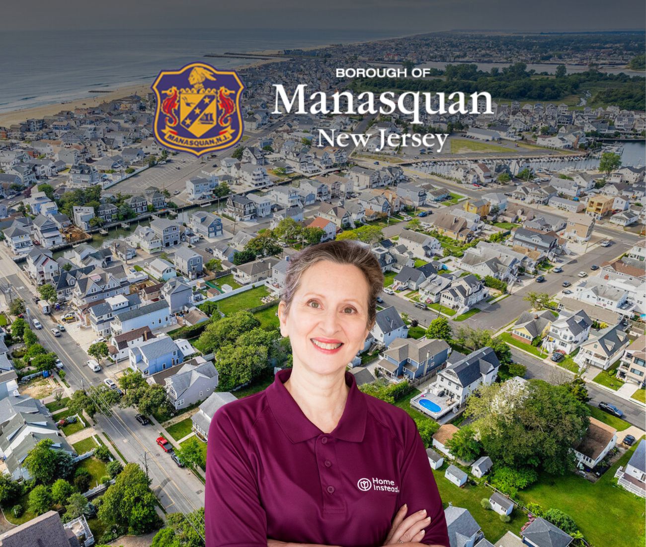 Home Instead caregiver with Manasquan, New Jersey in the background