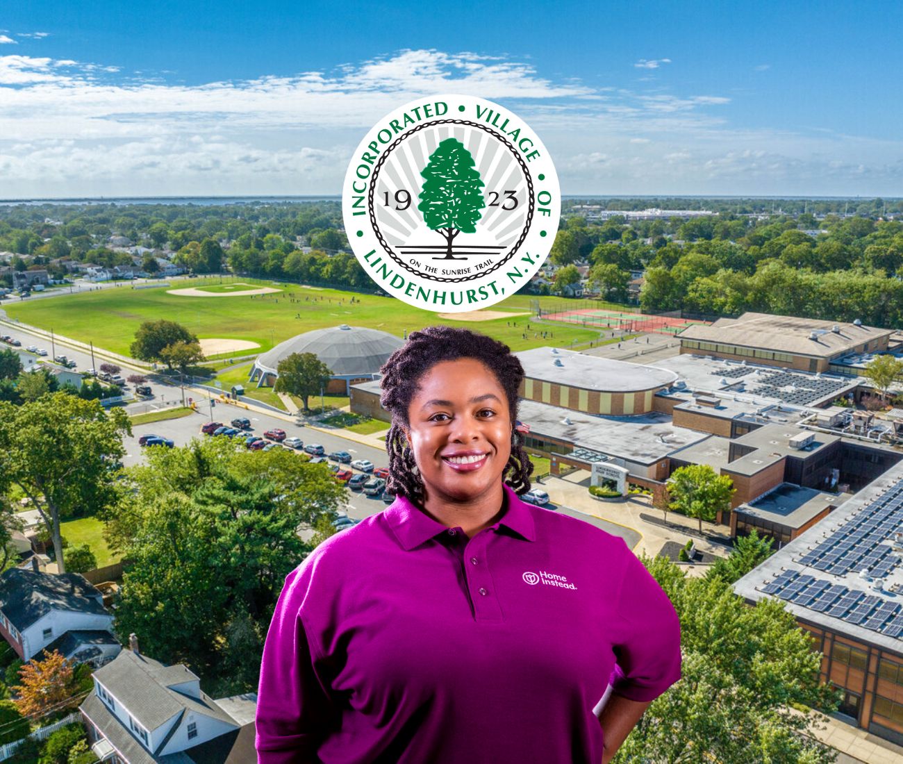 Home Instead caregiver with Lindenhurst, New York in the background