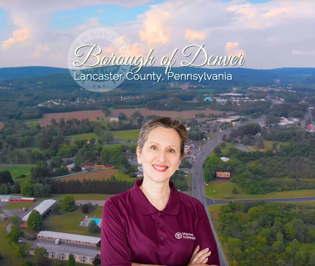 Home Instead caregiver with Denver Pennsylvania in the background