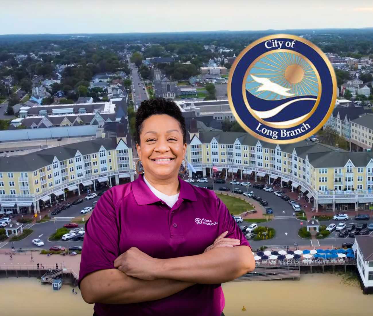 Home Instead caregiver with Long Branch, New Jersey in the background