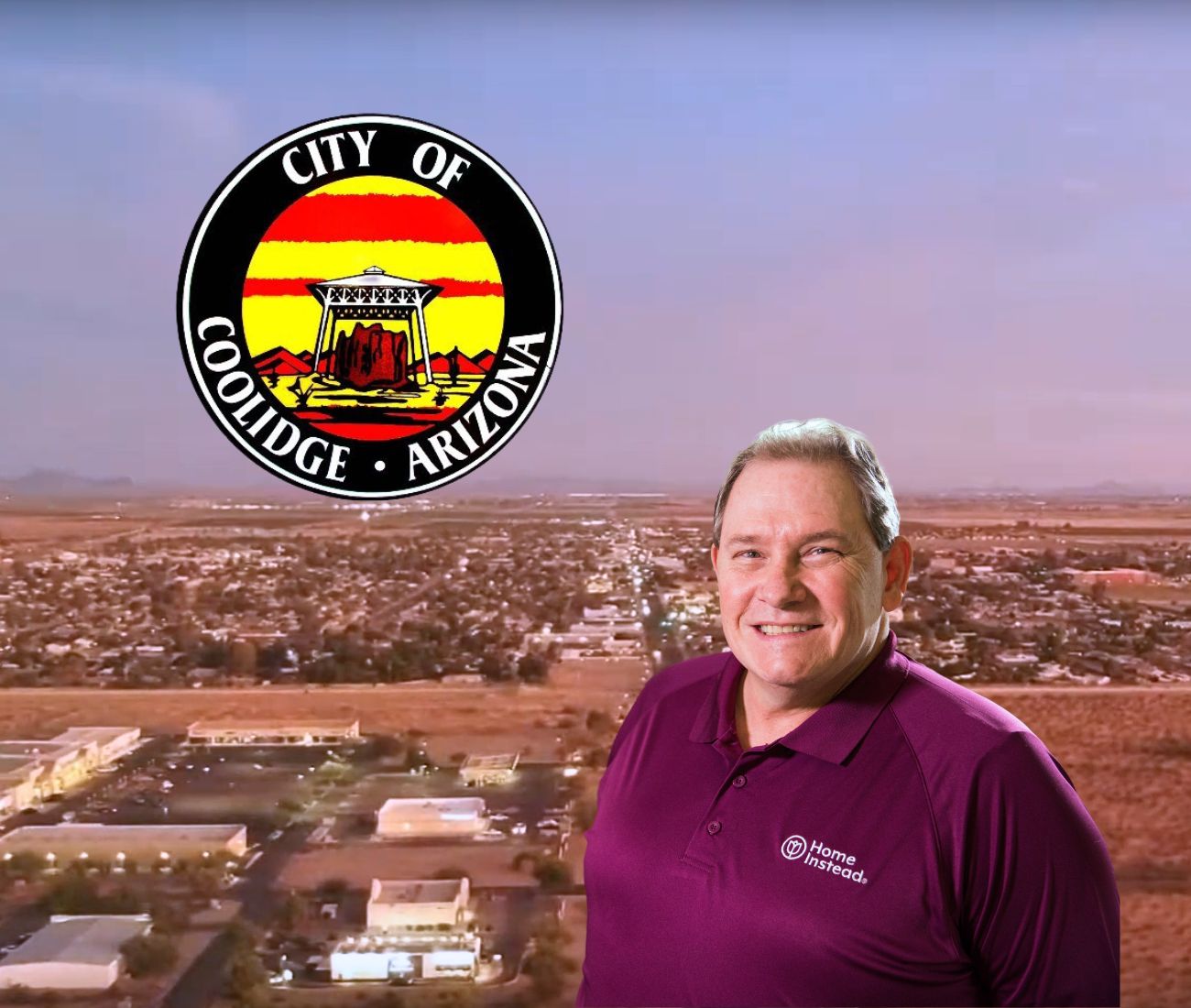 Home Instead caregiver with Coolidge, Arizona in the background