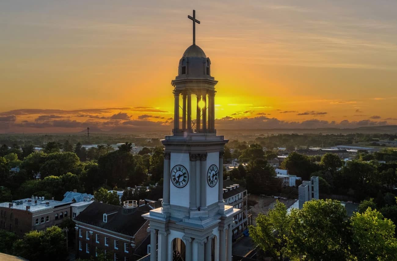 St. John's Church clock tower at sunset in Frederick, MD