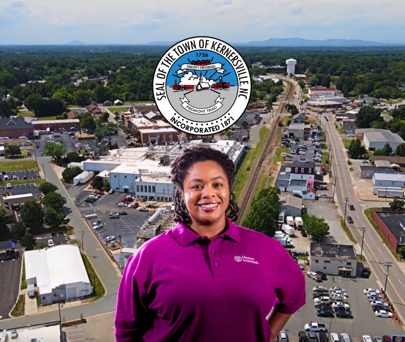 Home Instead caregiver with Kernersville, NC in the background