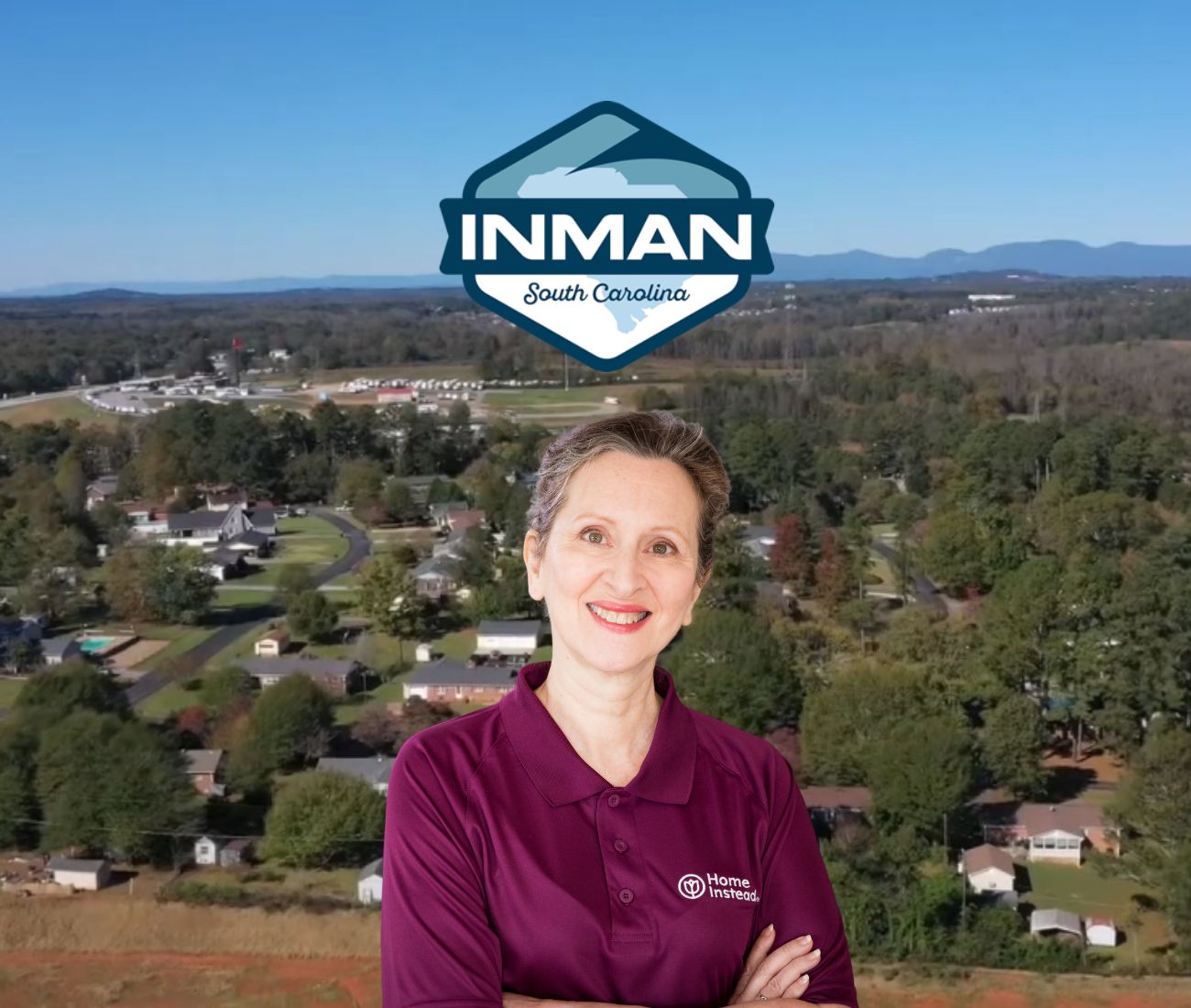 Home Instead caregiver with Inman, South Carolina in the background