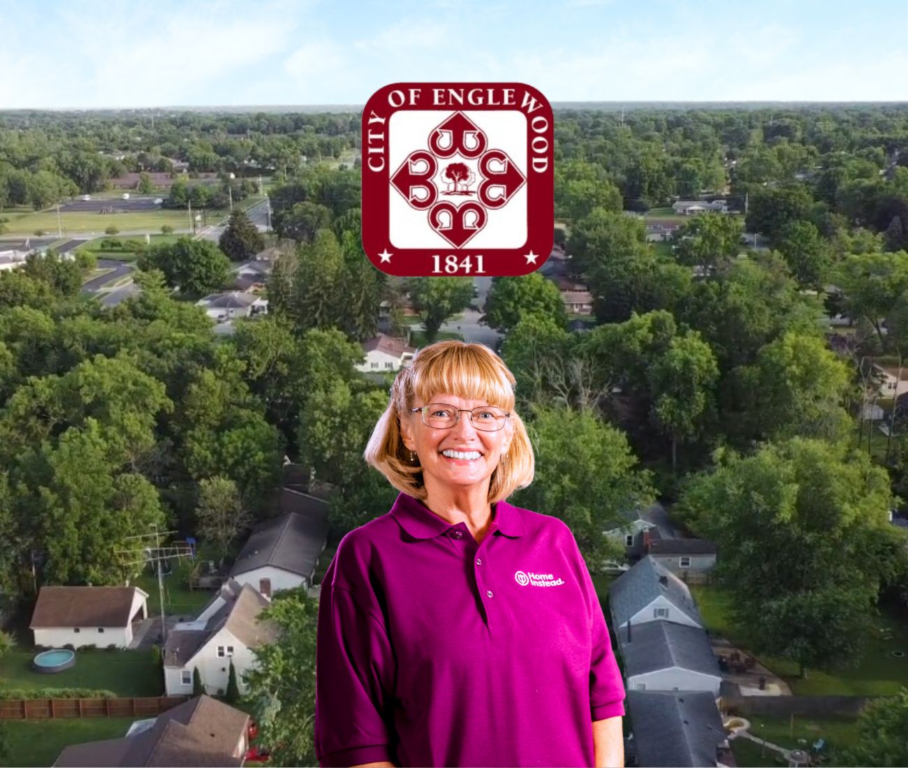 Home Instead caregiver with Englewood, OH in the background