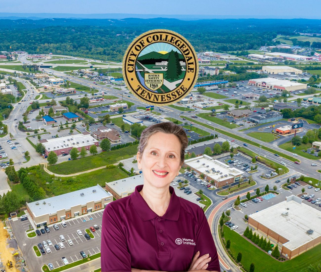 Home Instead caregiver with Collegedale Tennessee in the background