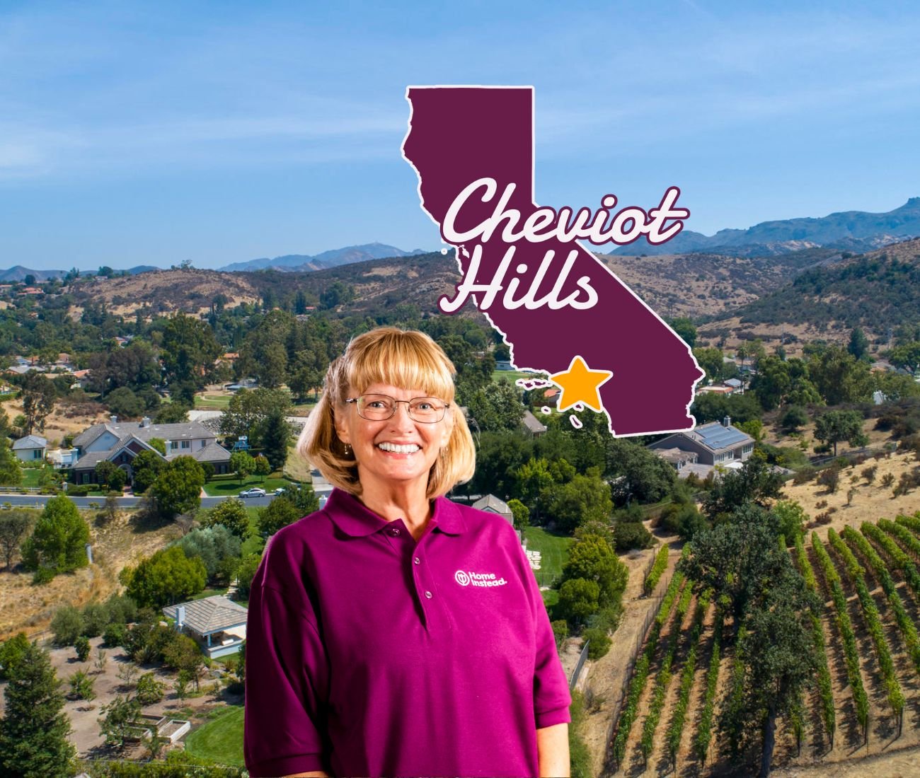 Home Instead caregiver with Cheviot Hills California in the background