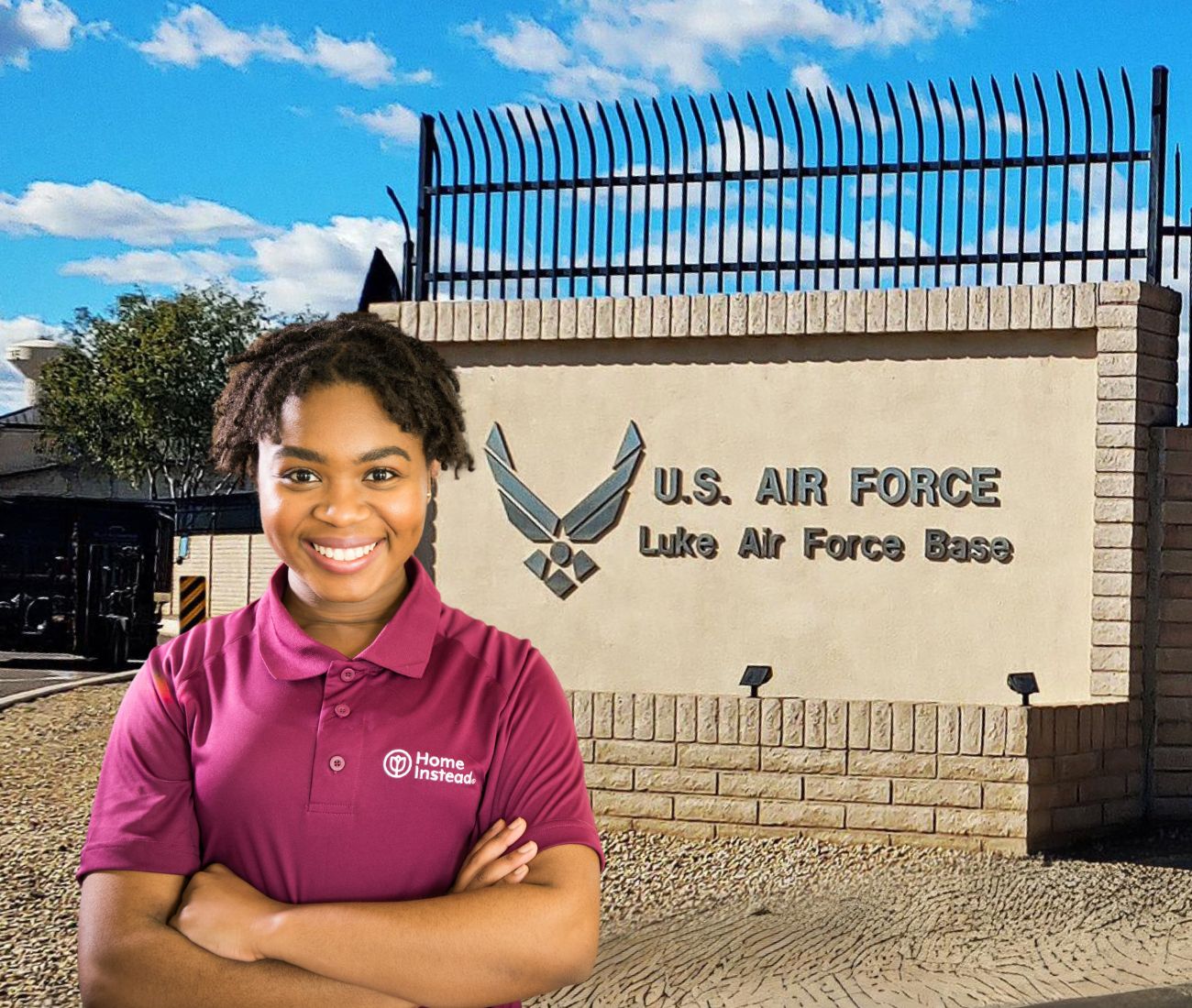 Home Instead caregiver with Luke AFB, Arizona in the background