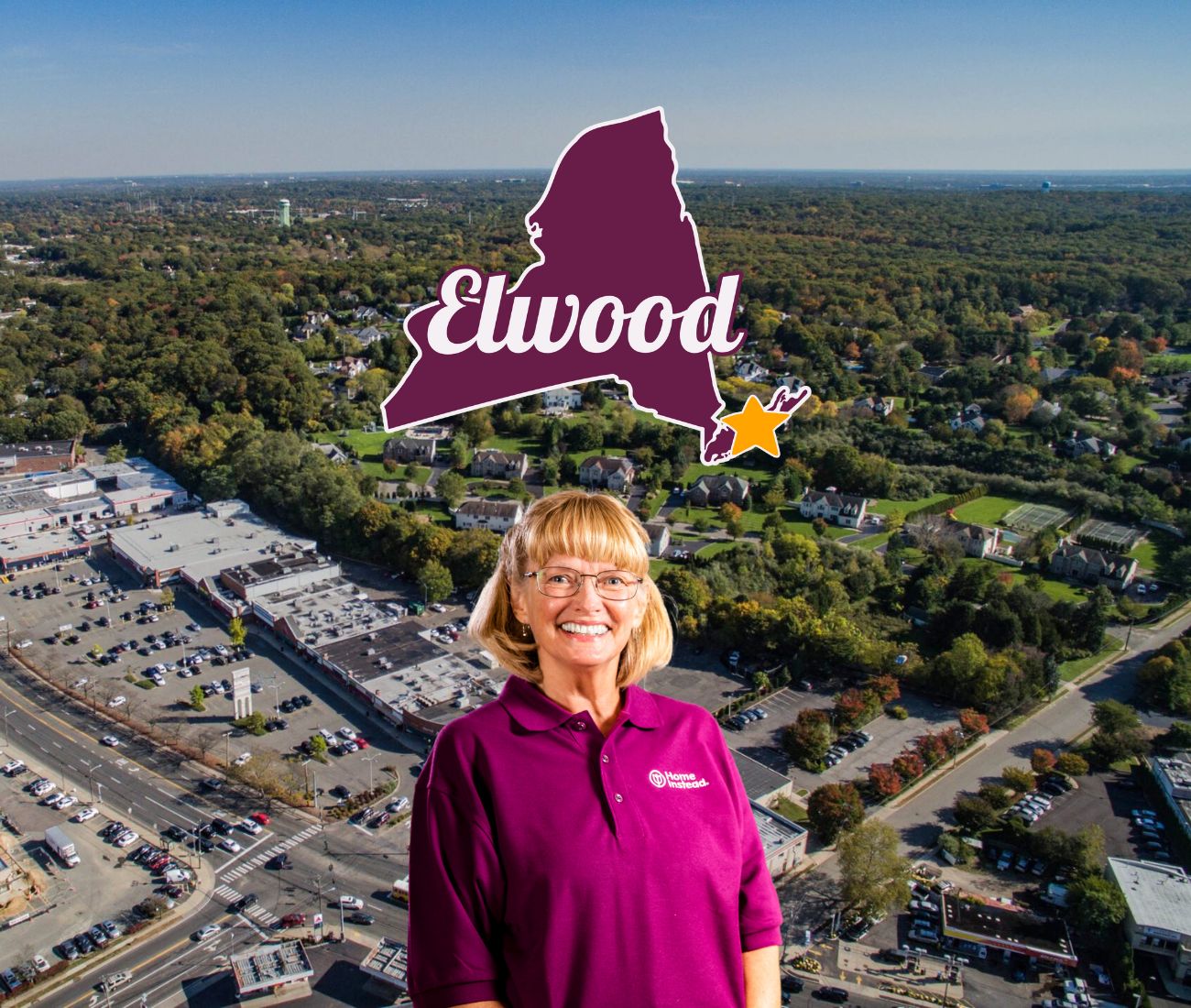 Home Instead caregiver with Elwood, New York in the background