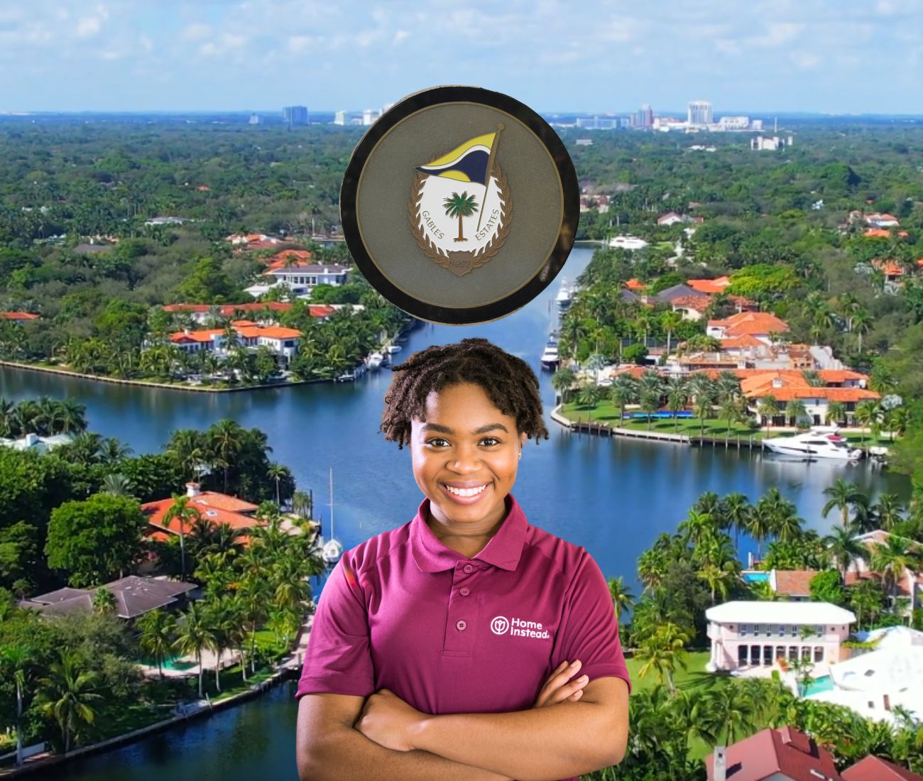 Home Instead caregiver with Gables Estates, Florida in the background