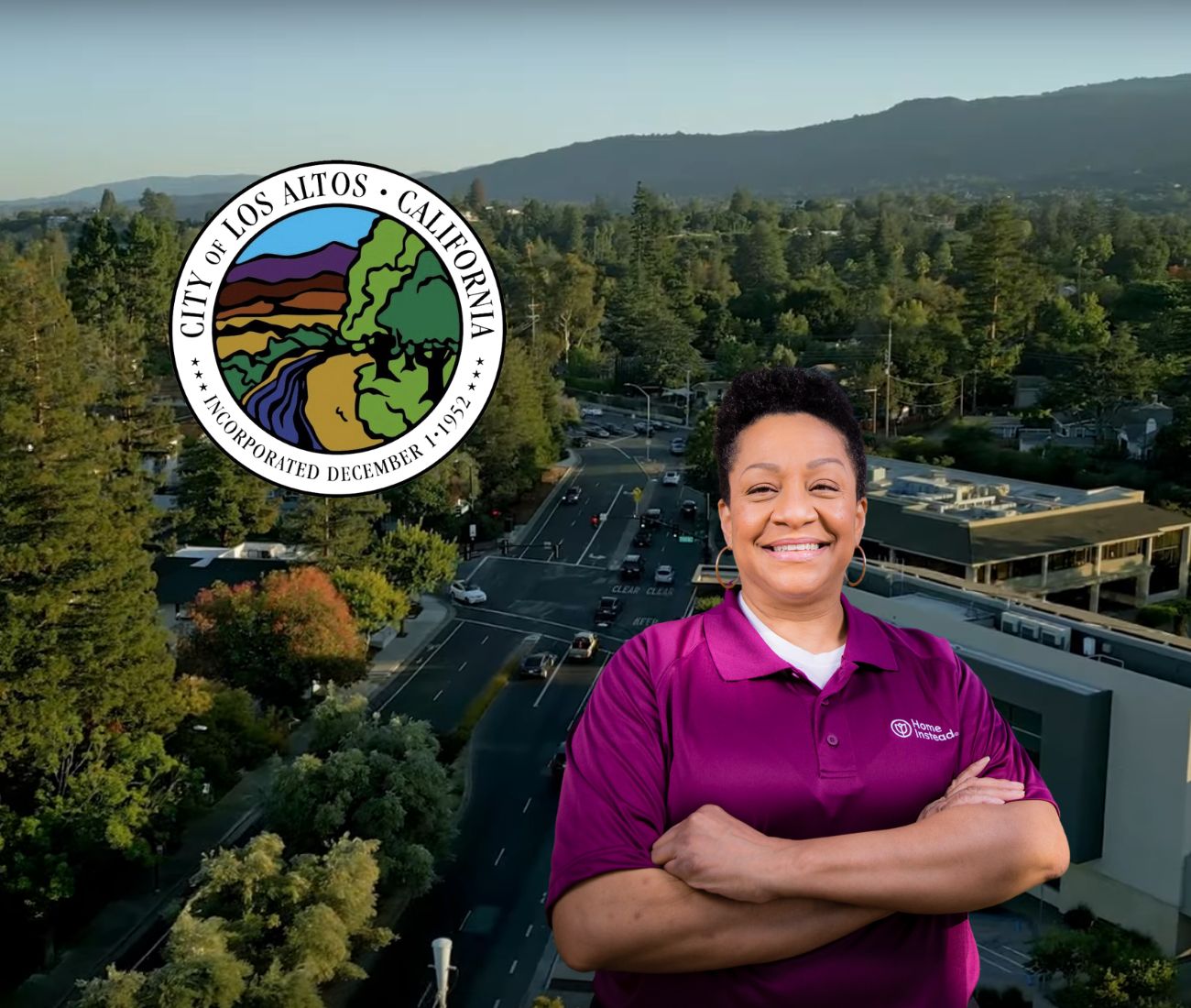 Home Instead caregiver with Los Altos, California in the background