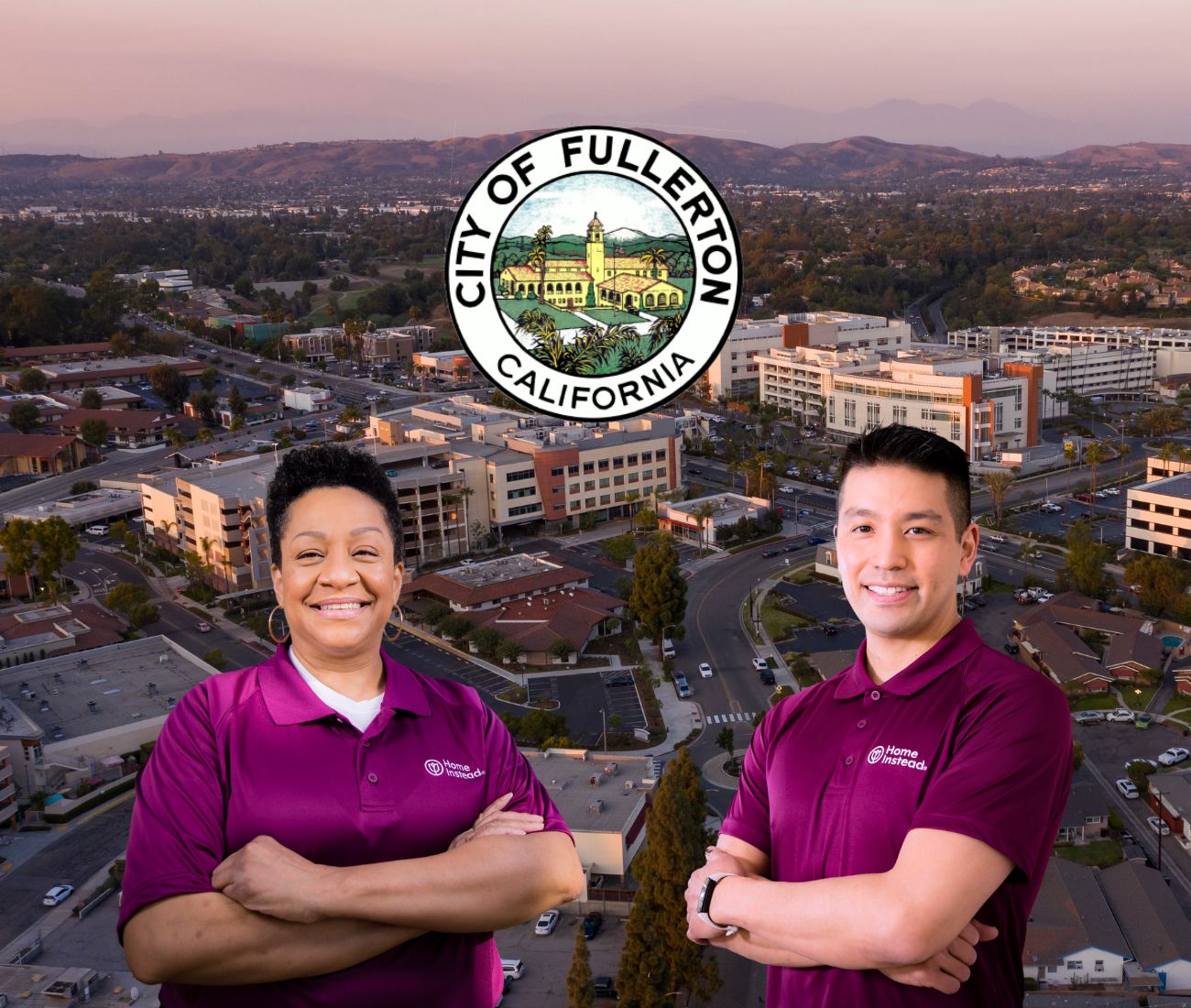 home instead caregiver with Fullerton california in the background