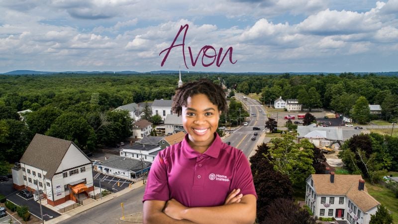 Home Instead caregiver with Avon Massachusetts in the background