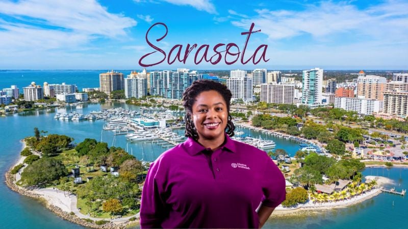 Home Instead caregiver with Sarasota, Flordia in the background