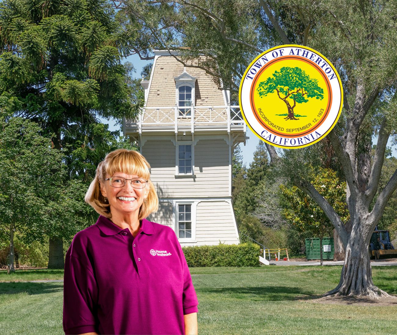 Home Instead caregiver with Atherton California in the background