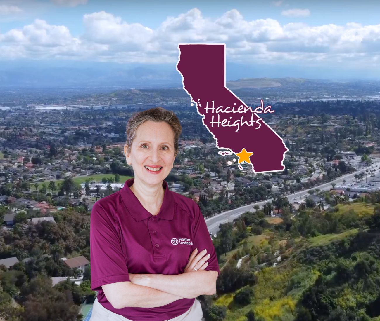 home instead caregiver with hacienda heights california in the background