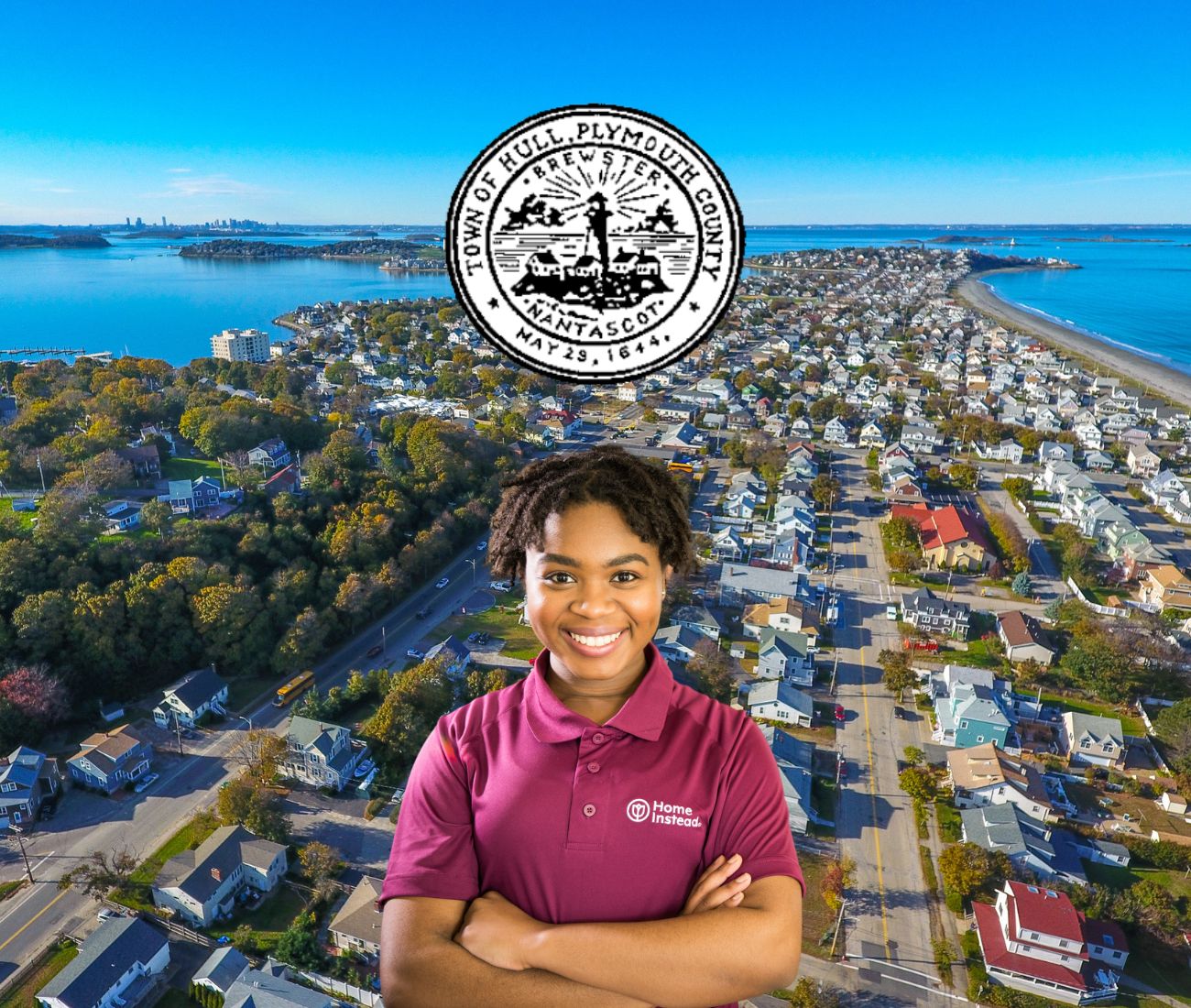 Home Instead caregiver with Hull Massachusetts in the background