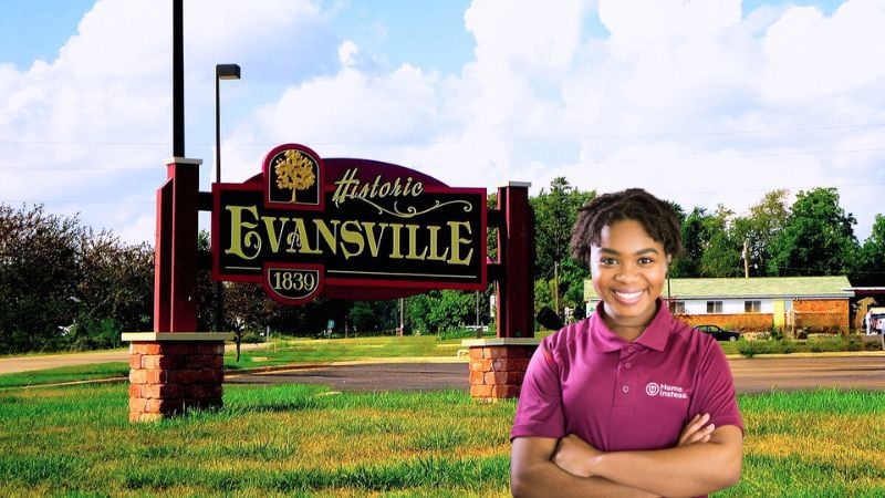 Home Instead caregiver with Evansville Wisconsin in the background