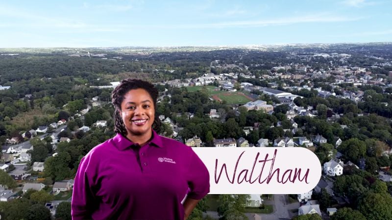 Home Instead caregiver with Waltham, Massachusetts in the background