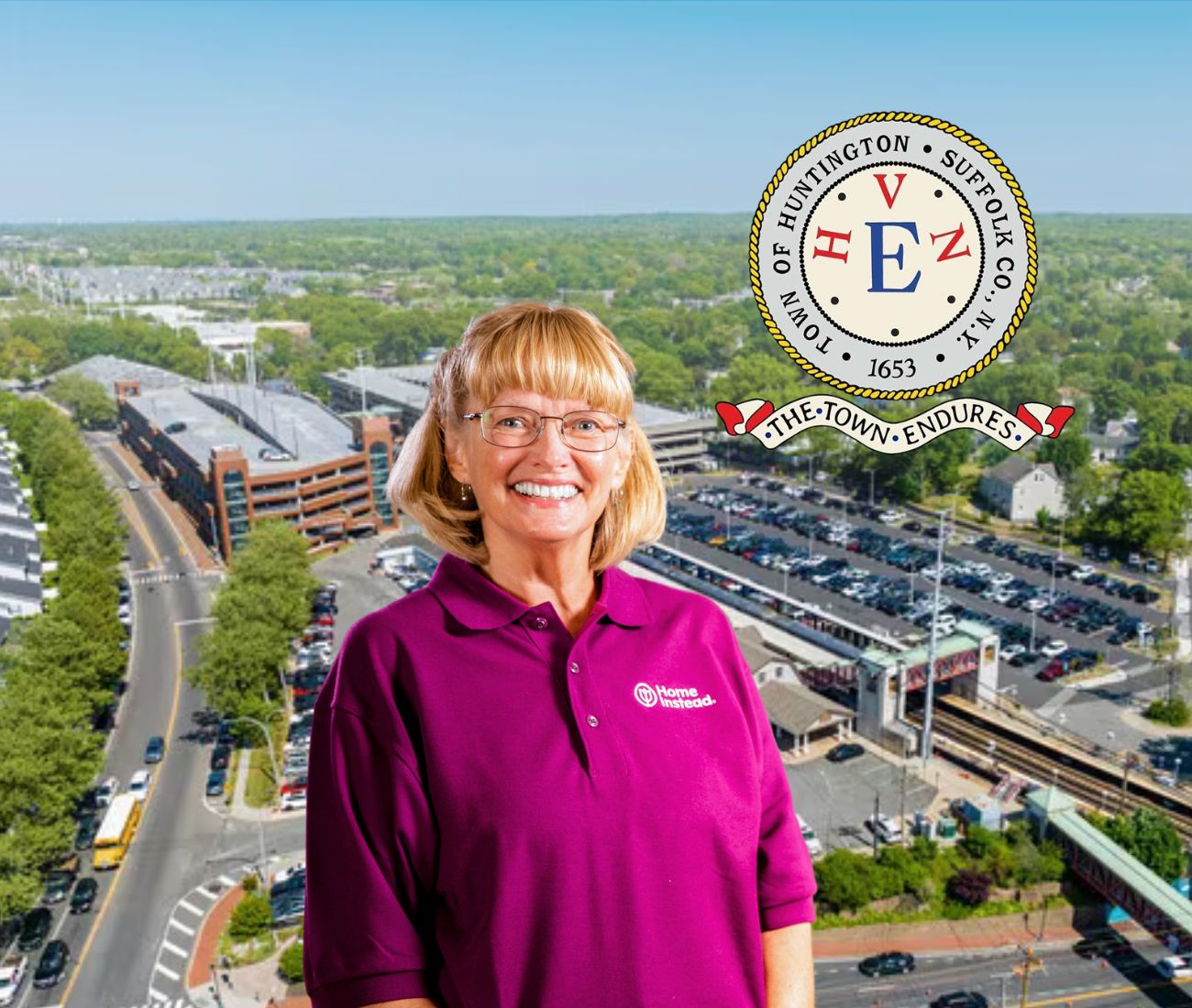 Home Instead caregiver with Huntington Township New York in the background