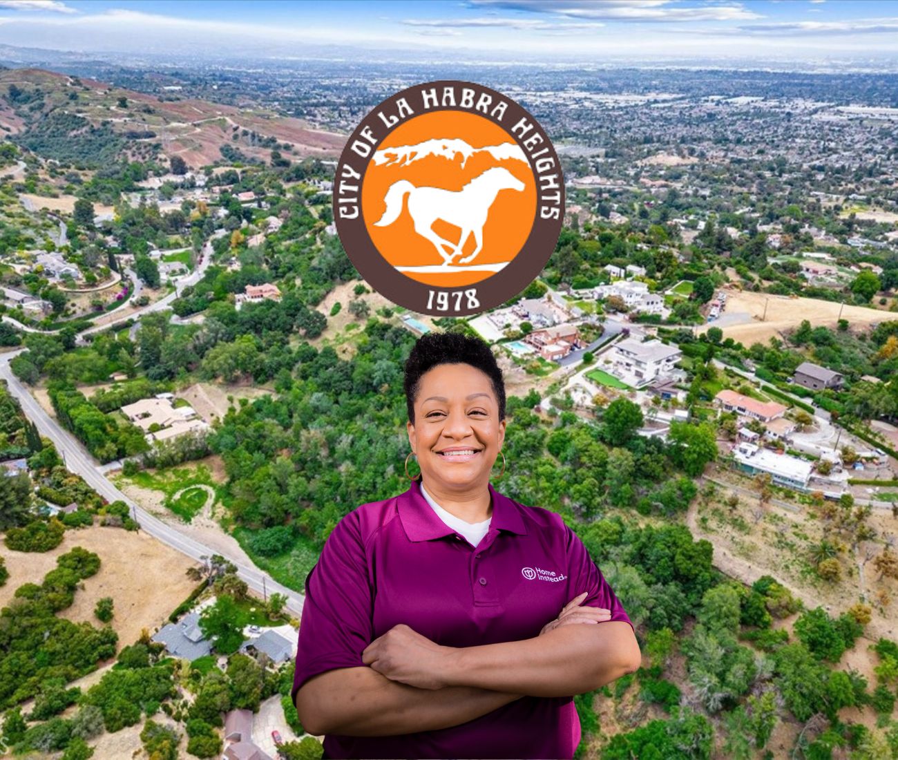 home instead caregiver with la habra heights california in the background