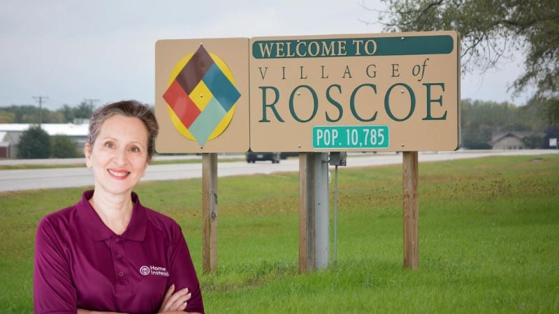 Home Instead caregiver with Roscoe, Illinois in the background