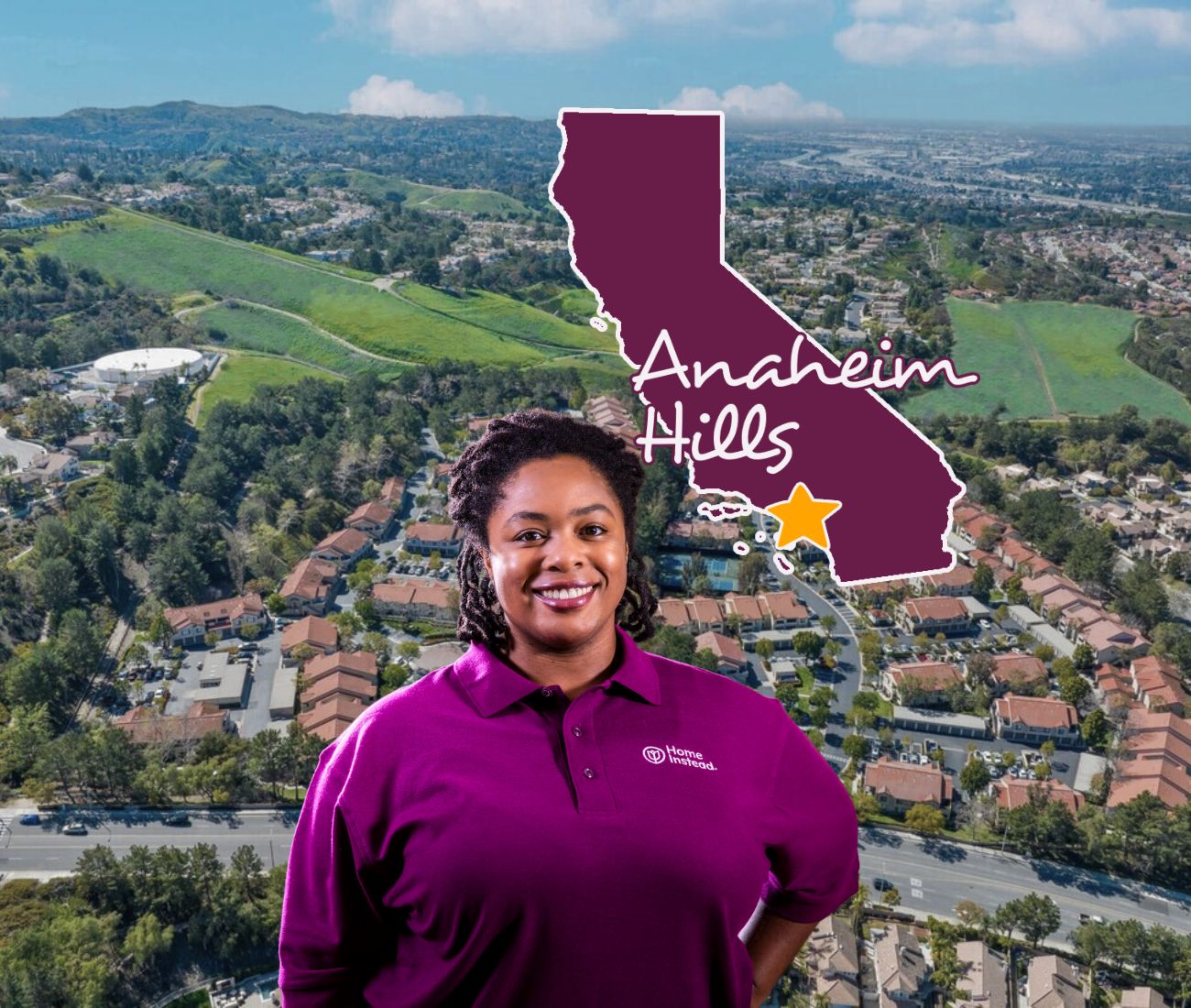 Home Instead caregiver with Anaheim Hills California in the background