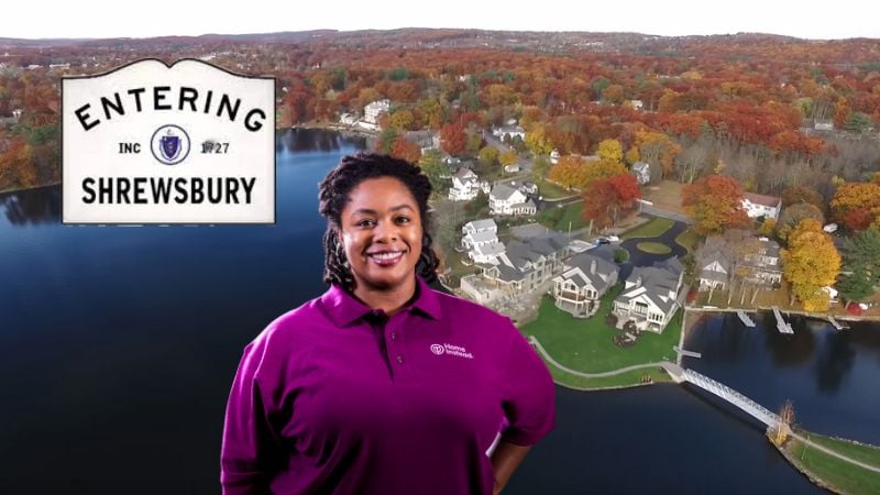 Home Instead caregiver with Shrewsbury Massachusetts in the background