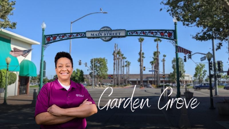 Home Instead caregiver with Garden Grove California in the background