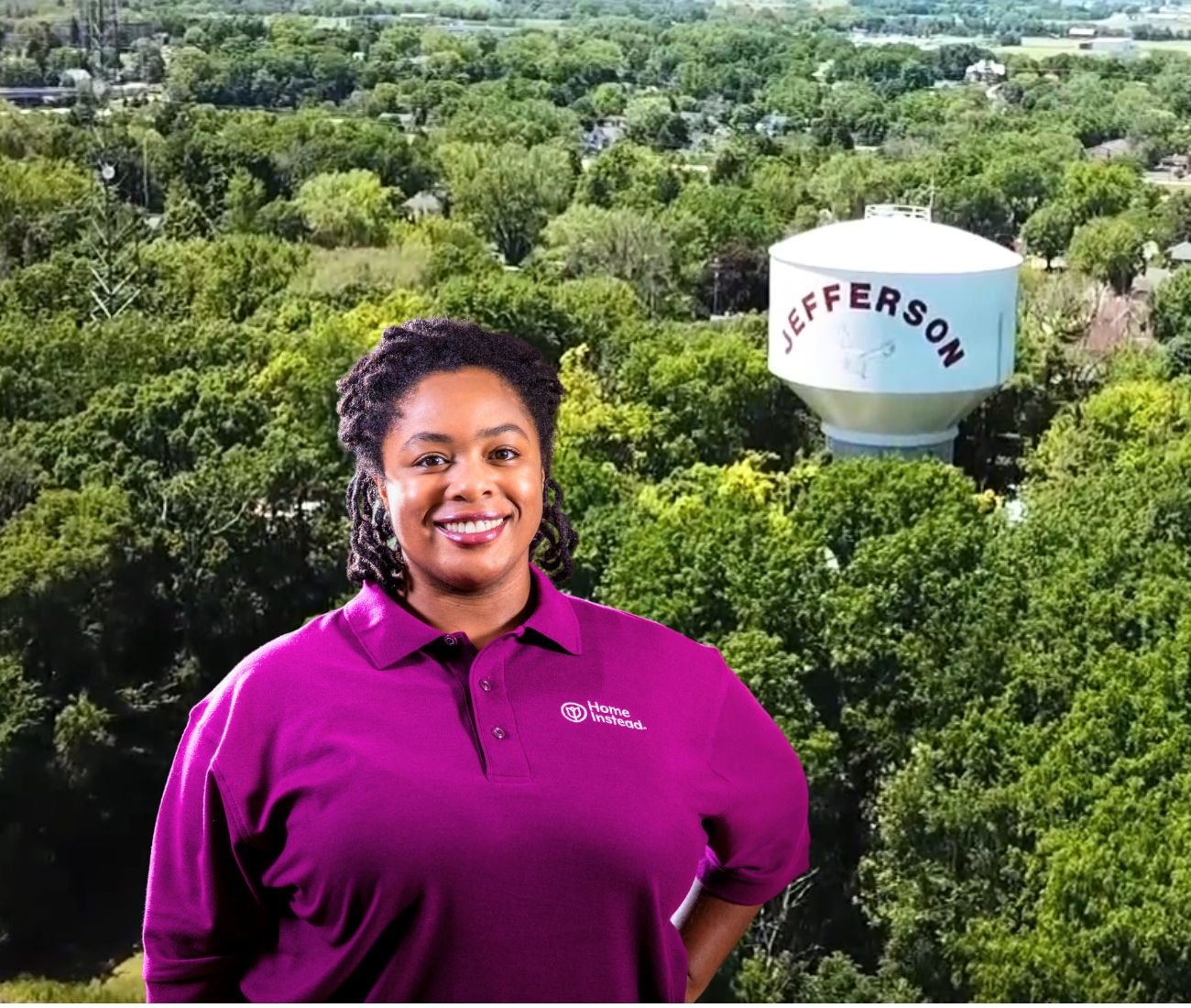 Home Instead caregiver with Jefferson, Wisconsin in the background