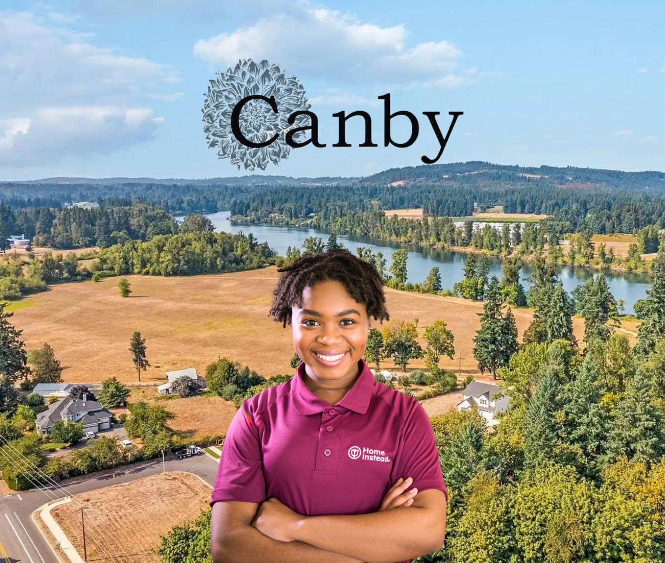 home instead caregiver with canby oregon in the background