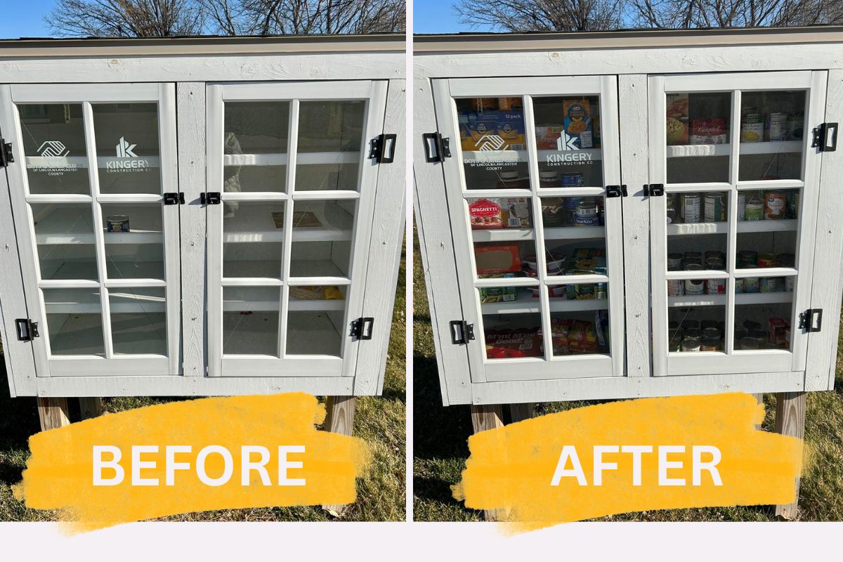 Home Instead Fills Little Free Pantry in Lincoln, NE before and after