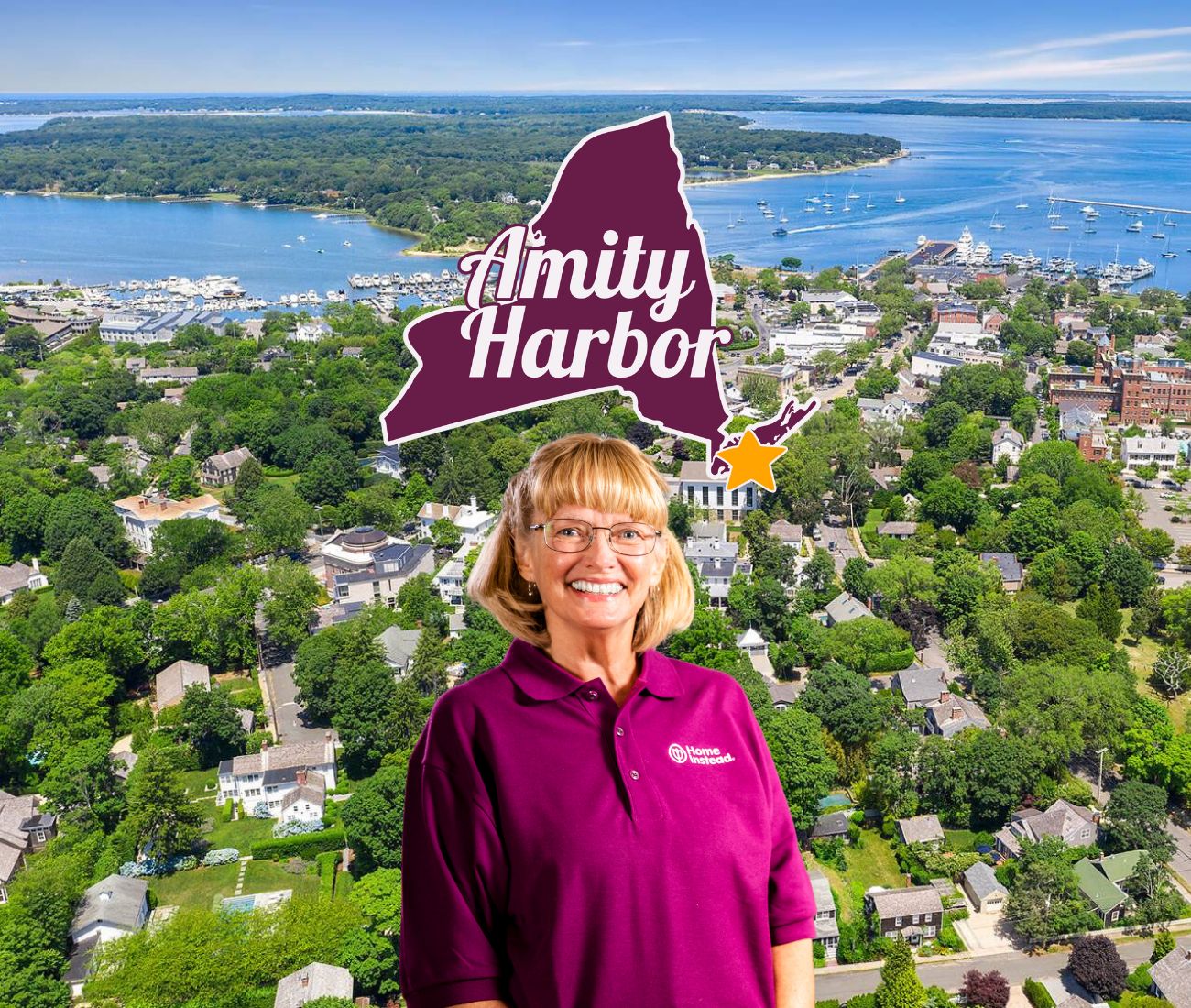 Home Instead caregiver with Amity Harbor New York in the background