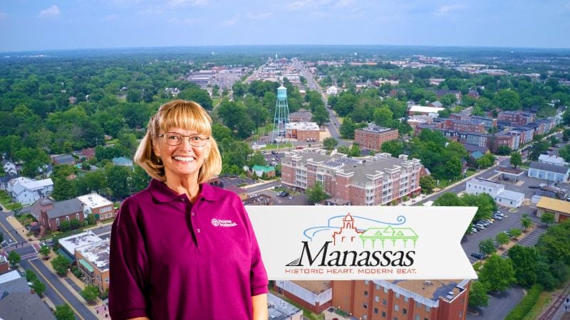 Home Instead caregiver with Manassas, Virginia in the background