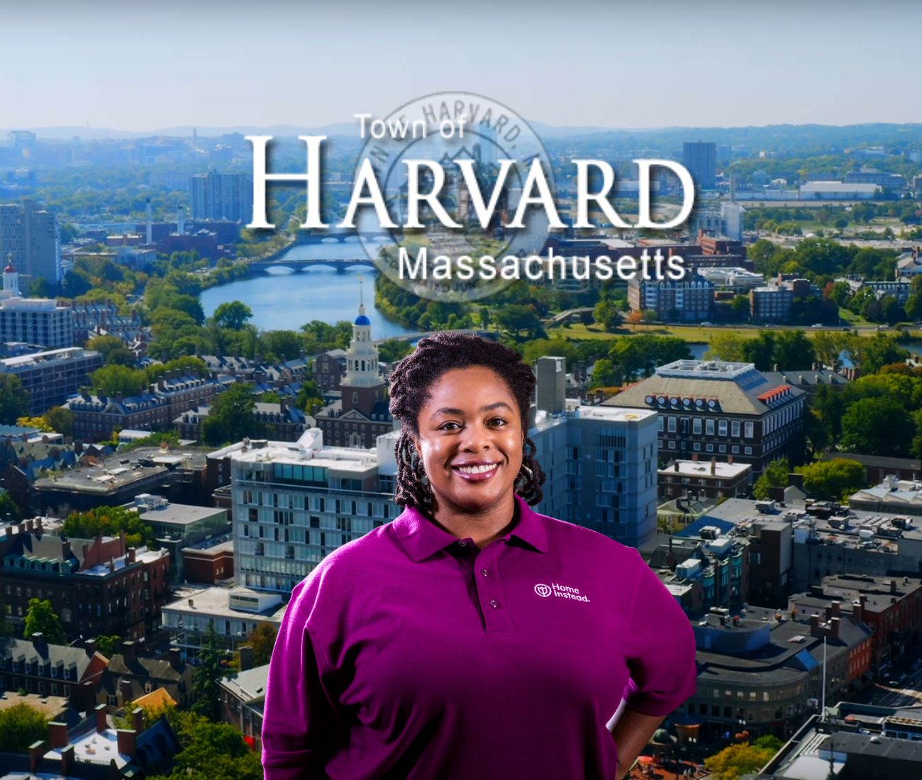 Home Instead caregiver with Harvard Massachusetts in the background