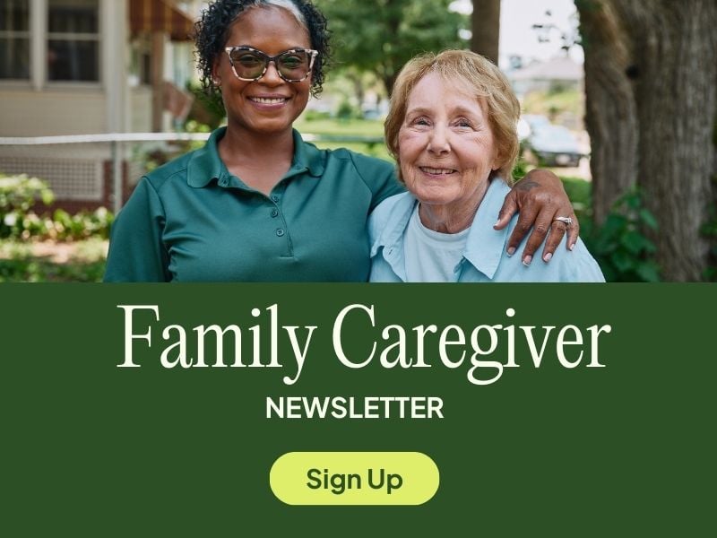 A graphic featuring a smiling Home Instead caregiver and an older woman with the text 'Family Caregiver Newsletter' and 'Sign Up,' inviting readers to subscribe.